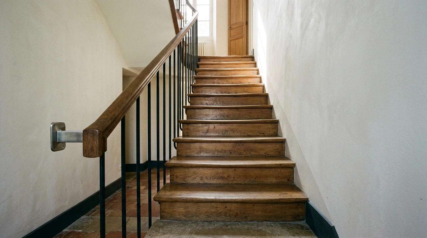 Départ d&rsquo;un escalier intérieur avec sa main courante, vu en lumière du jour