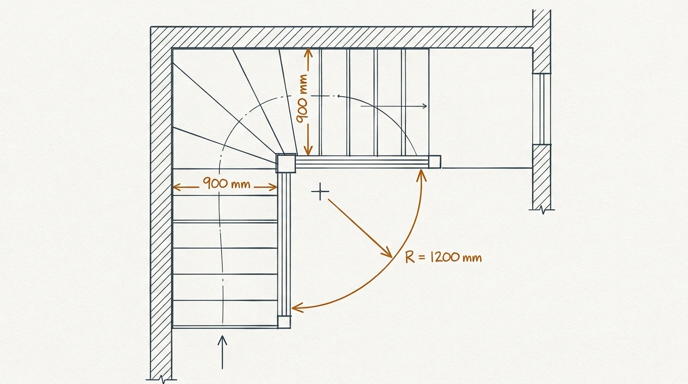 Schéma coté d&rsquo;un escalier à quart tournant, avec la largeur utile au point le plus étroit
