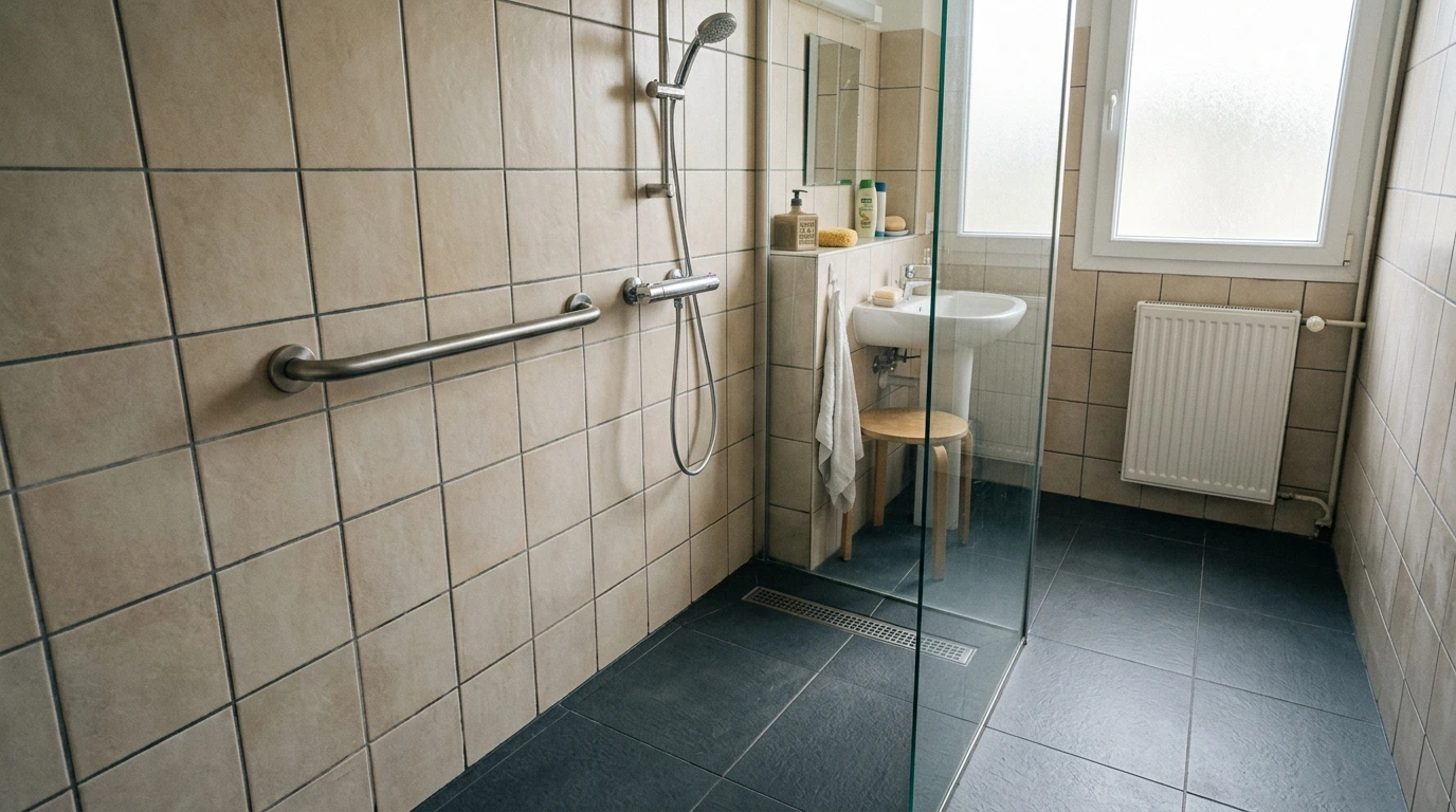 Douche de plain-pied avec barre d&rsquo;appui et sol antidérapant, en lumière naturelle
