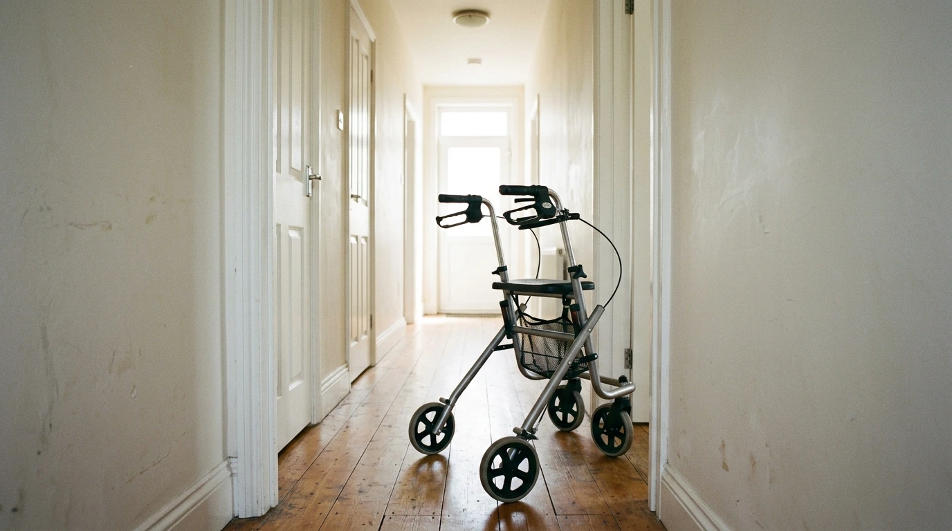 Déambulateur quatre roues au départ d’un couloir de logement
