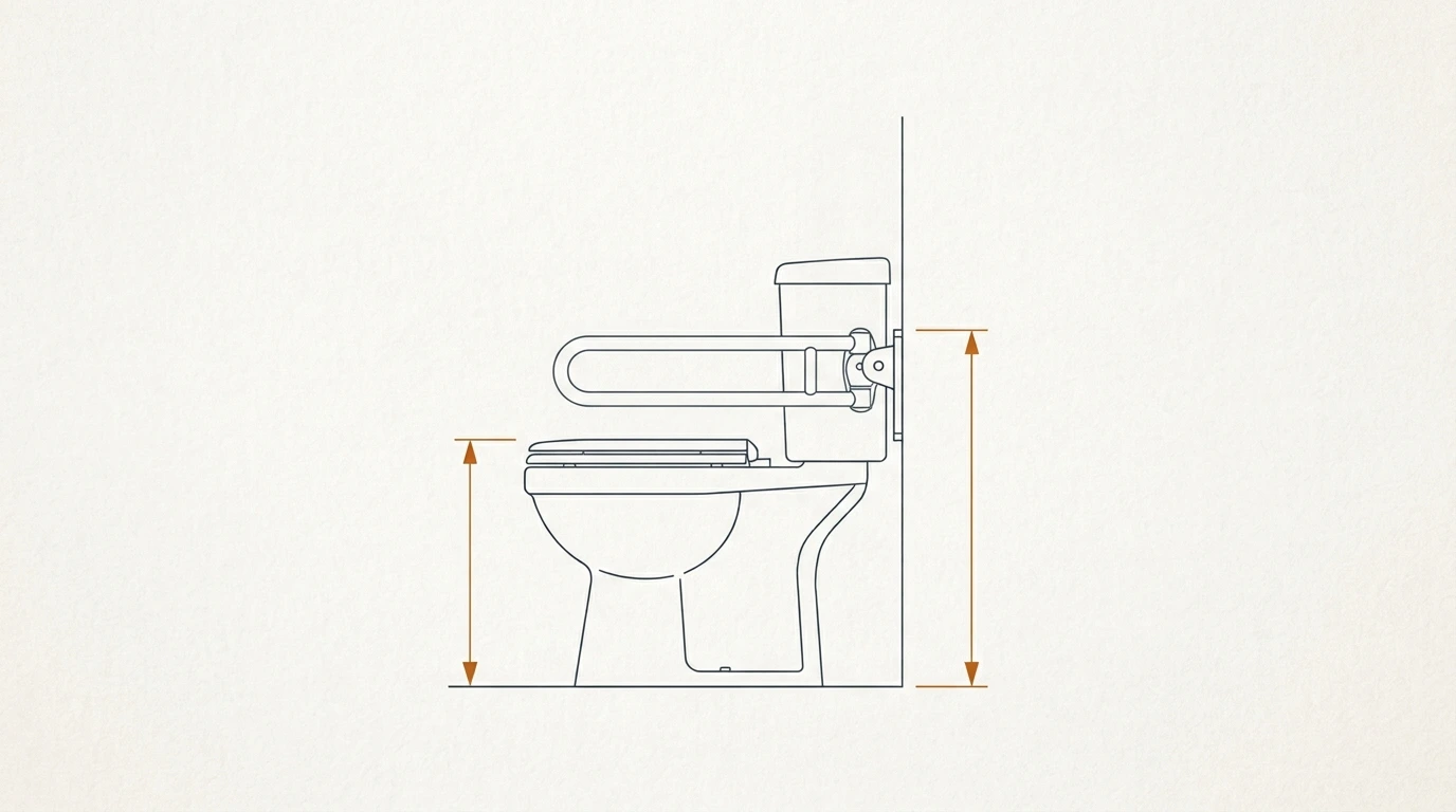 Schéma coté d’une hauteur d’assise de WC avec barre relevable latérale
