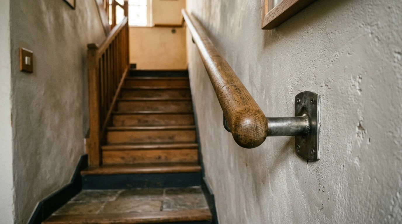 Main courante d&rsquo;escalier int&eacute;rieur saisie en lumi&egrave;re rasante, dans un logement occup&eacute;