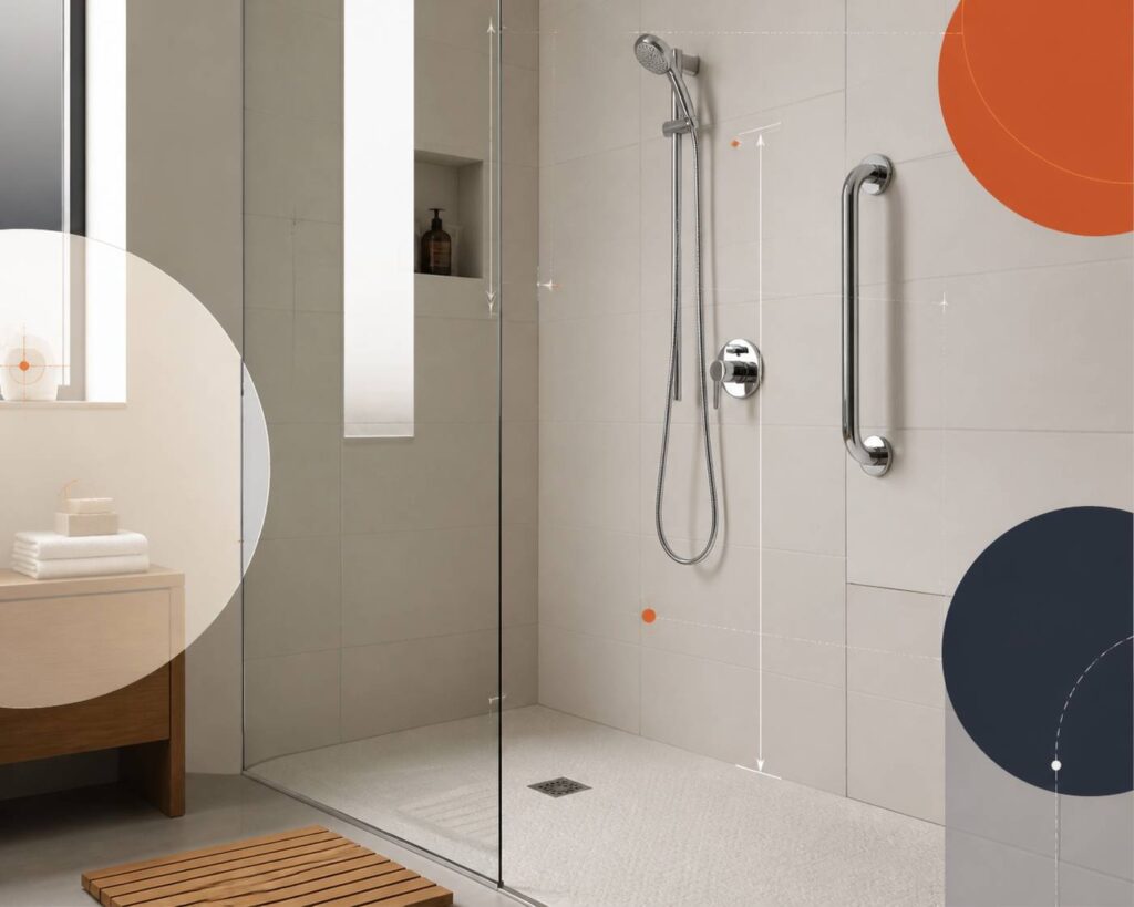 Barre d'appui fixée au mur carrelé d'une douche, poignée chromée et fixation solide
