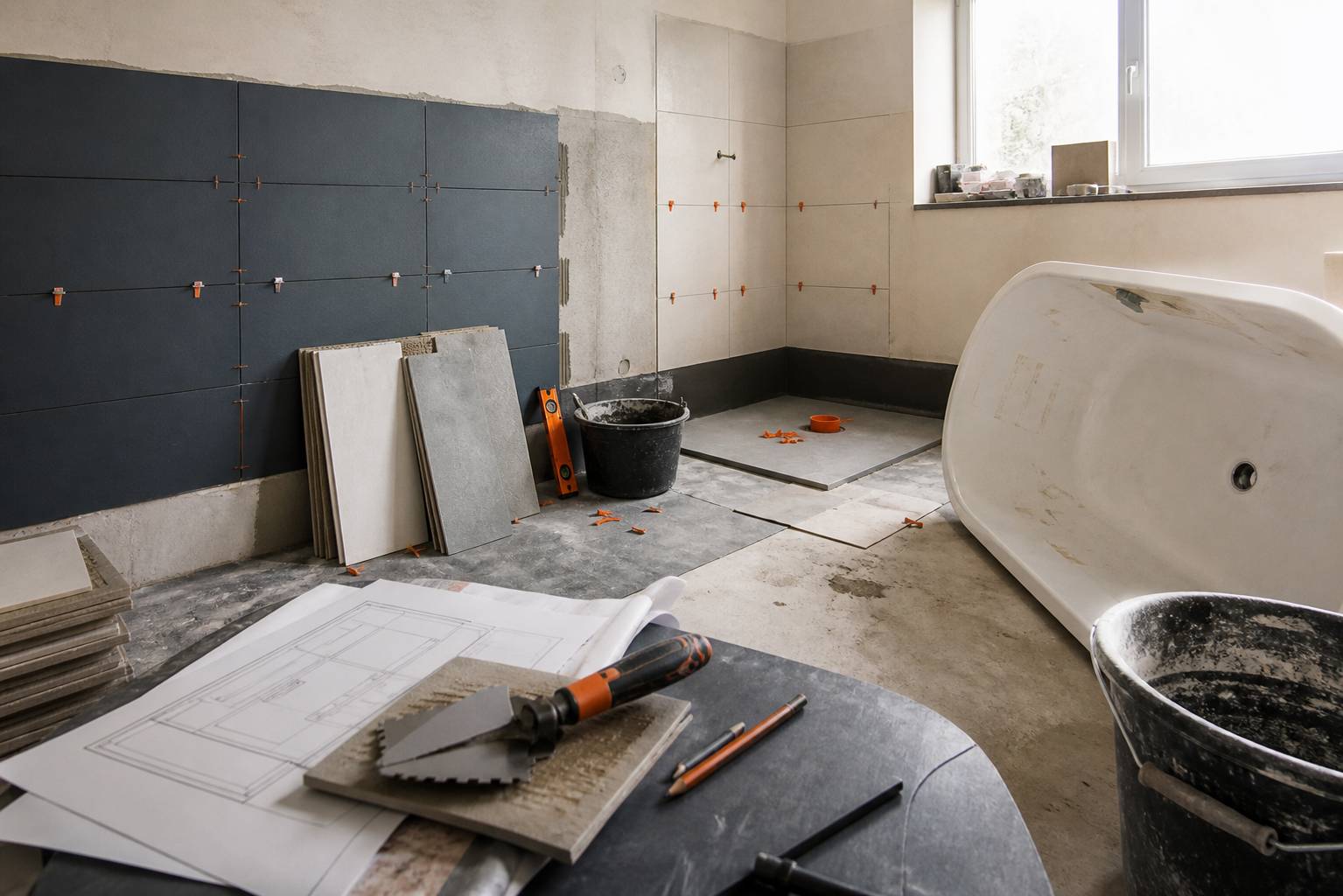 Chantier de salle d'eau : baignoire retirée, carrelage en cours de pose et outillage