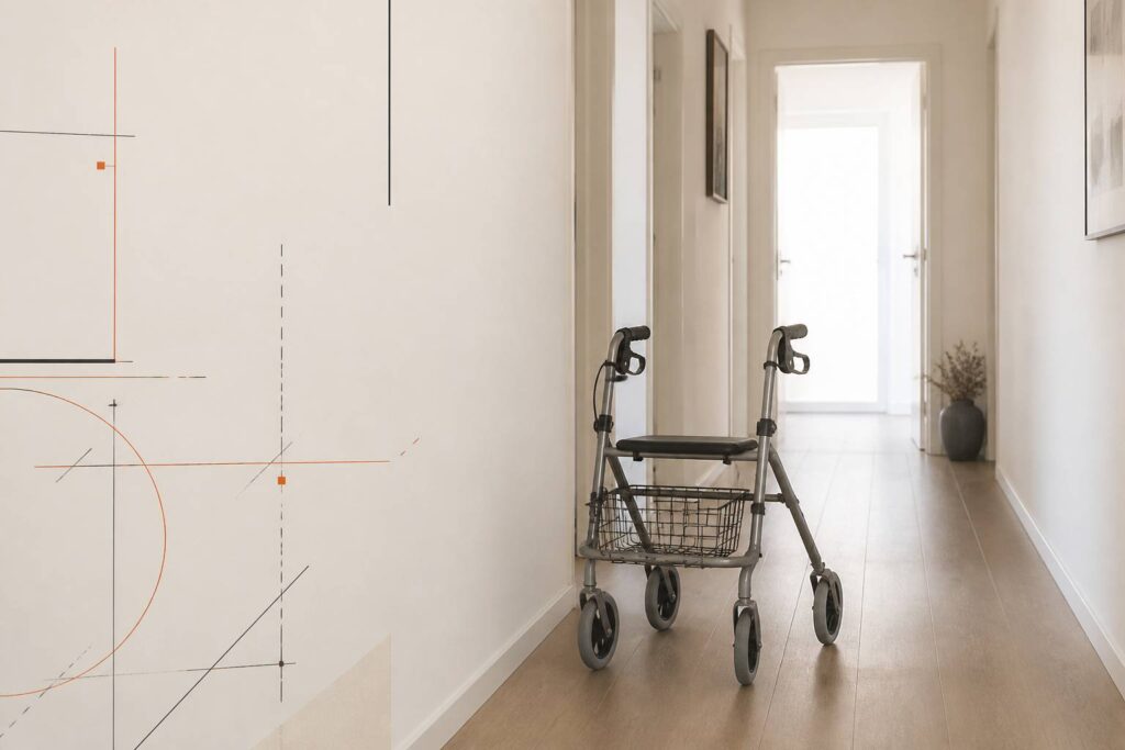 Déambulateur à roues dans un couloir lumineux d'appartement, avec panier et freins
