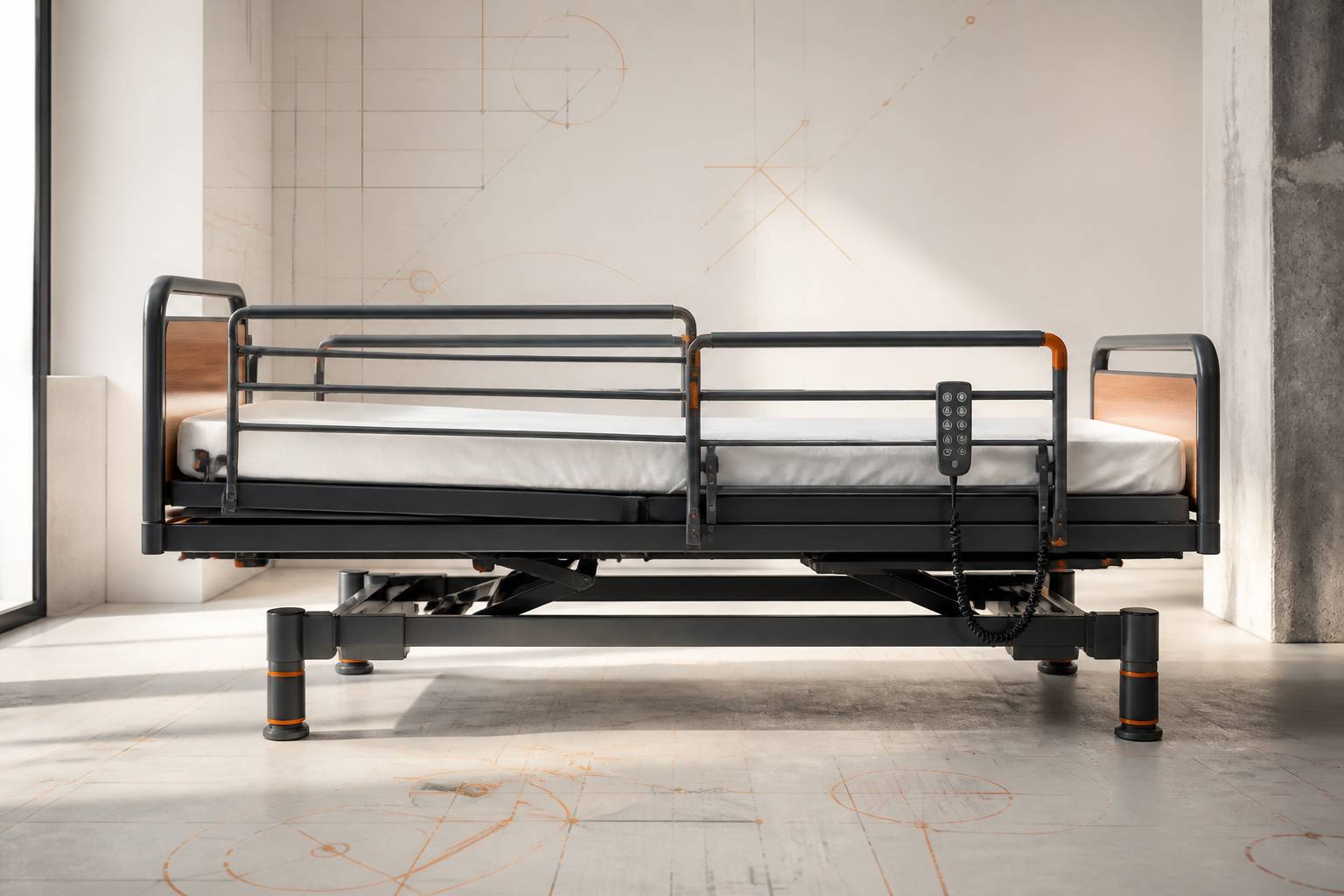 Détail d'un lit médicalisé : télécommande de réglage, barrière latérale et matelas, chambre lumineuse