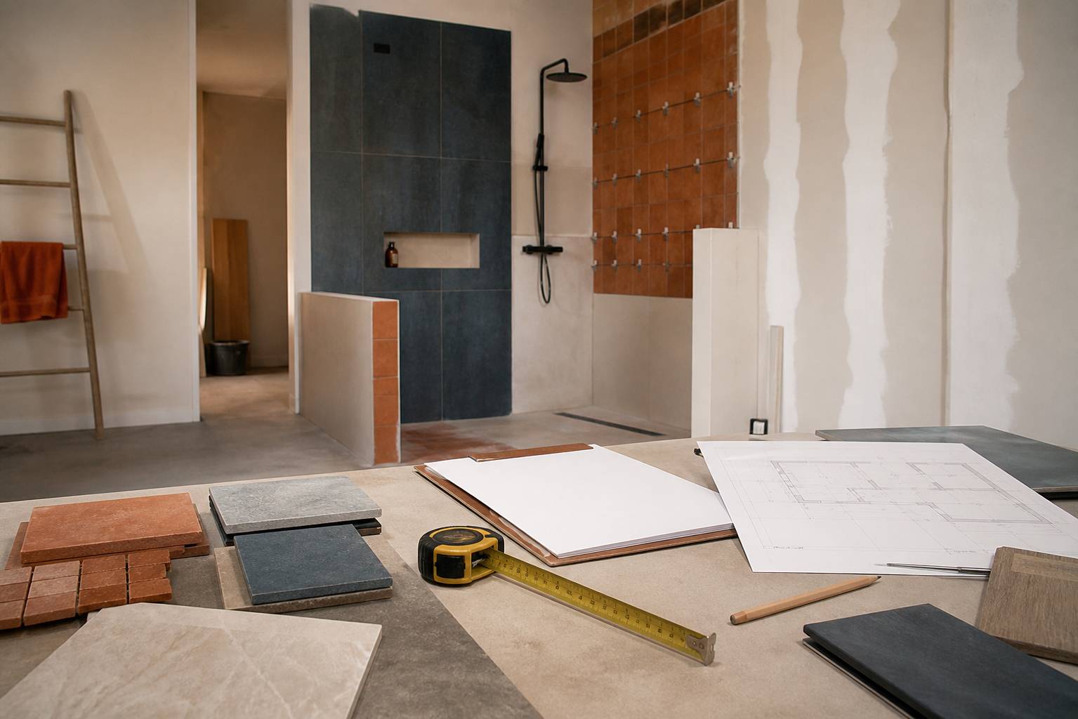 Dossier de demande de travaux avec devis et plans posés dans une salle d'eau en travaux