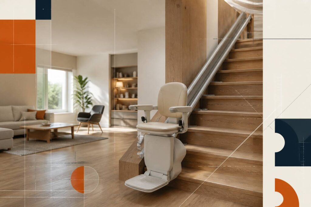 Monte-escalier droit installé sur un escalier lumineux avec siège replié et rail le long du mur