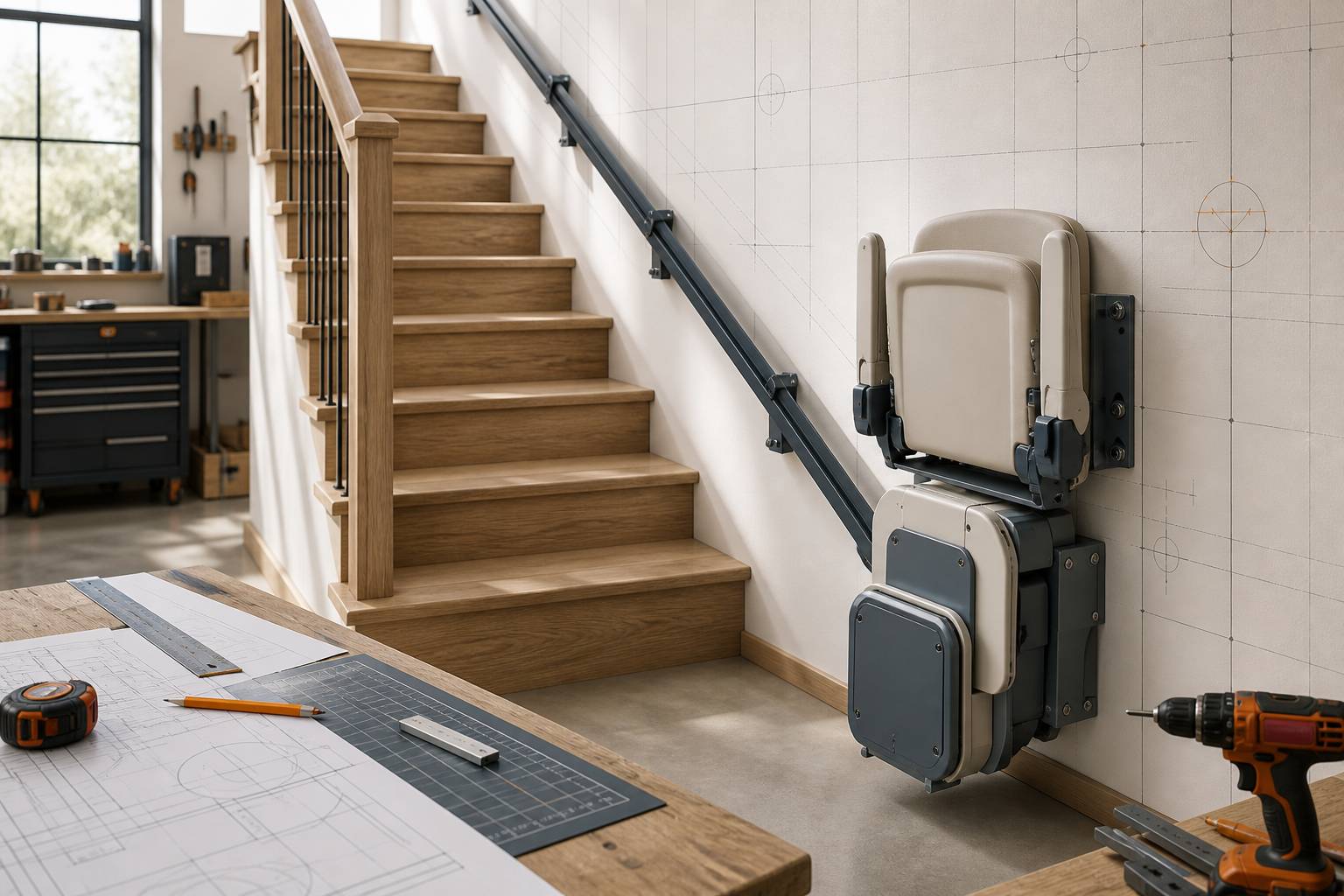 Détail d'un monte-escalier droit : siège, accoudoirs et rail fixé au mur, escalier en bois