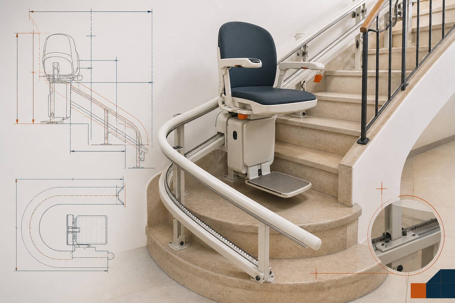 Détail du rail courbe d'un monte-escalier tournant dans un virage d'escalier