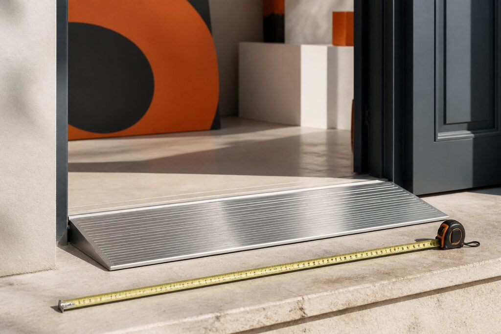 Rampe de seuil en aluminium installée devant une porte d'entrée claire