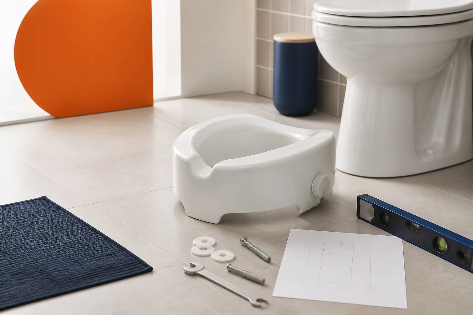 Pose d'un rehausseur de WC : fixation sur la céramique, visserie et outillage à proximité