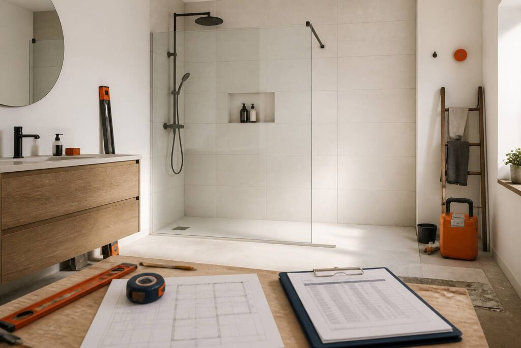 Salle de bain rénovée avec douche à l'italienne de plain-pied à la place d'une baignoire