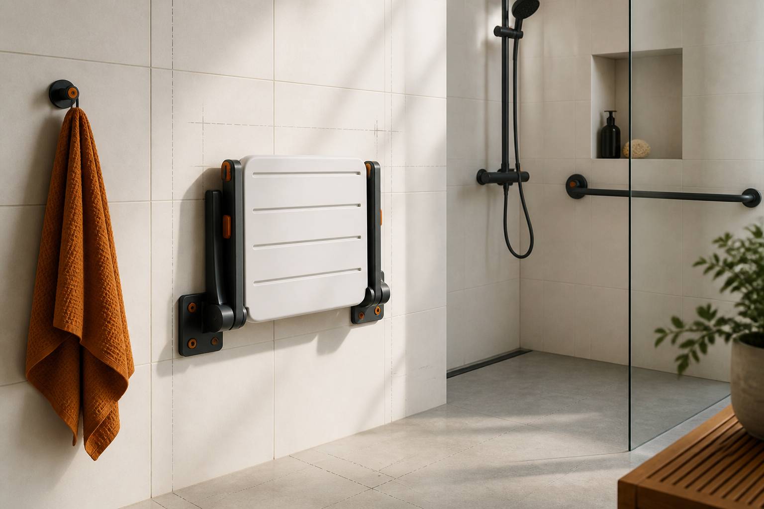 Siège de douche mural replié contre le carrelage, fixations et pattes de montage visibles