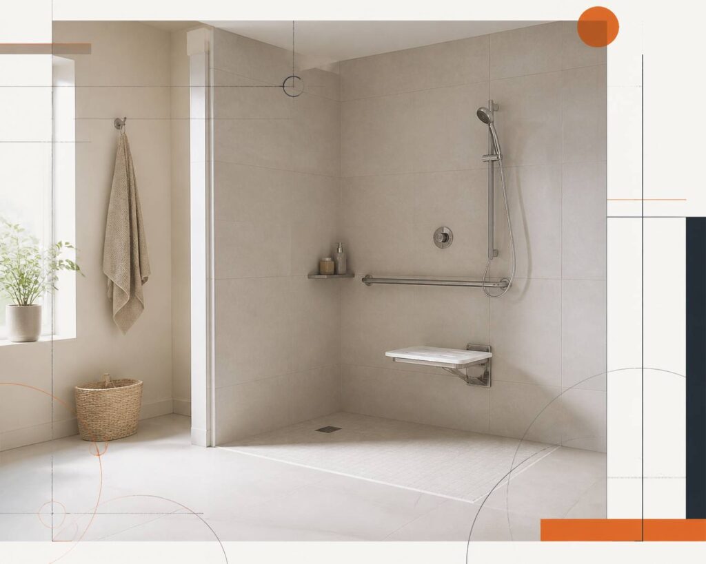 Siège de douche mural relevable fixé dans une douche carrelée claire, avec pommeau