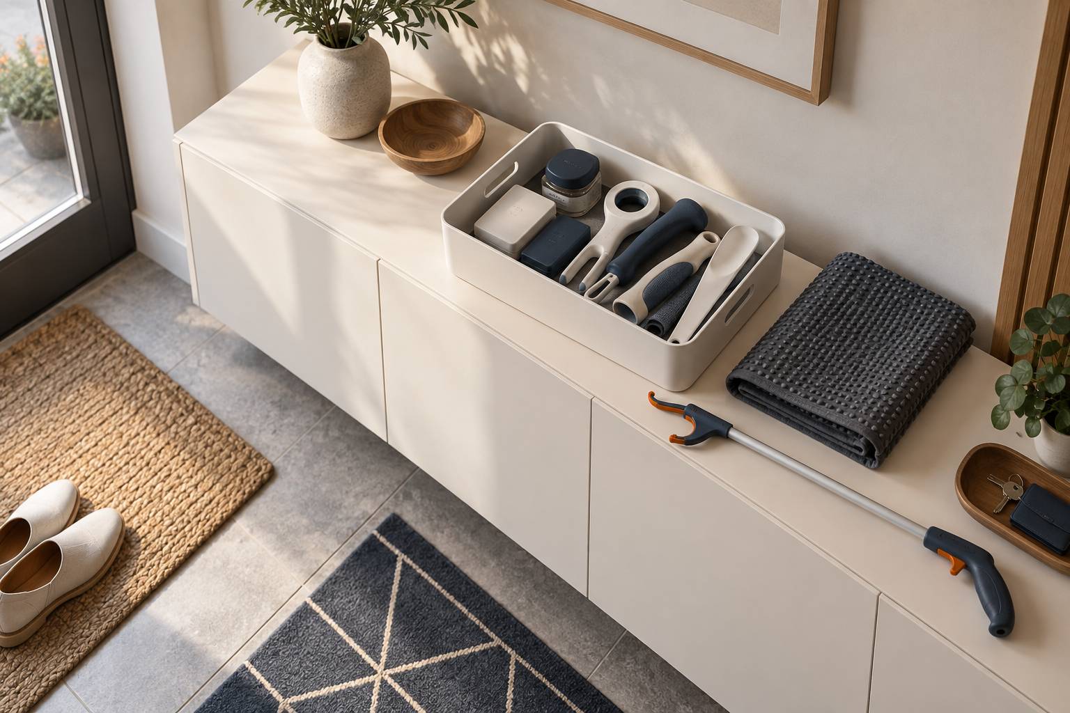 Petits objets d'aide ranges dans un bac de meuble d'entree