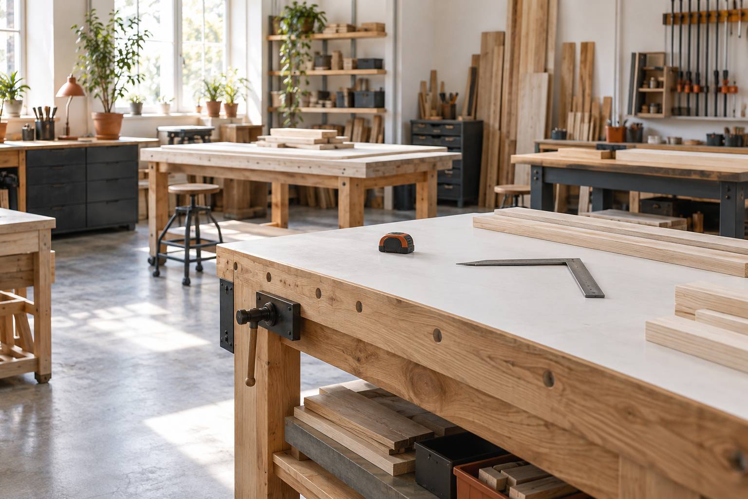 Etablis de differentes hauteurs dans un atelier de menuiserie