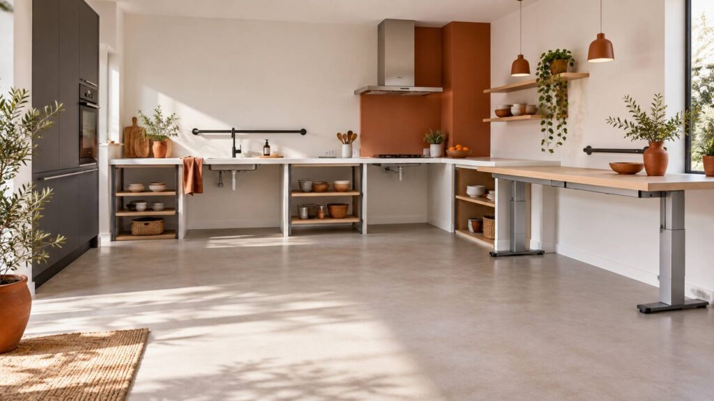Cuisine accessible vide avec plan de travail a hauteur ajustee