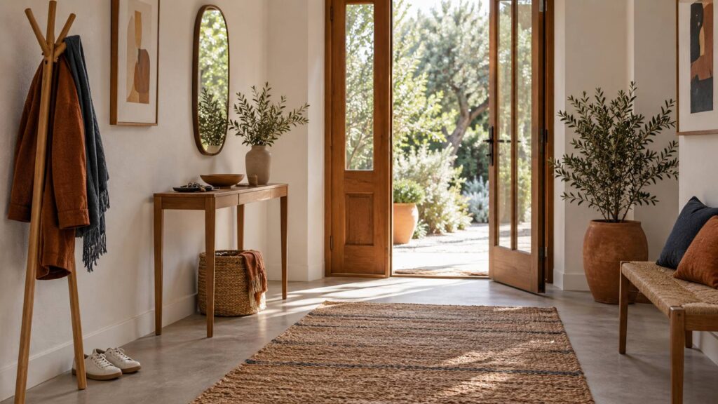 Entree de logement avec portemanteau et chaussures rangees