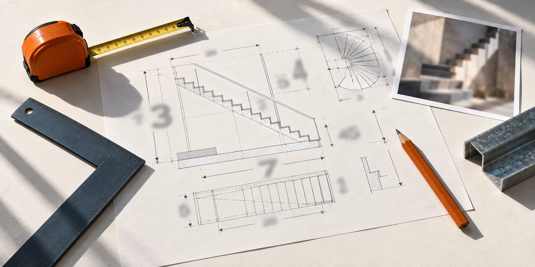 Détail d'une fiche de métré d'escalier avec mètre ruban et cotes