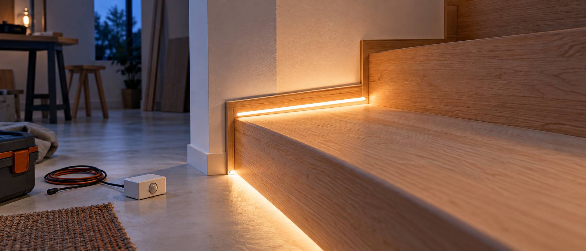 Détail d'un ruban LED éclairant une marche d'escalier avec détecteur