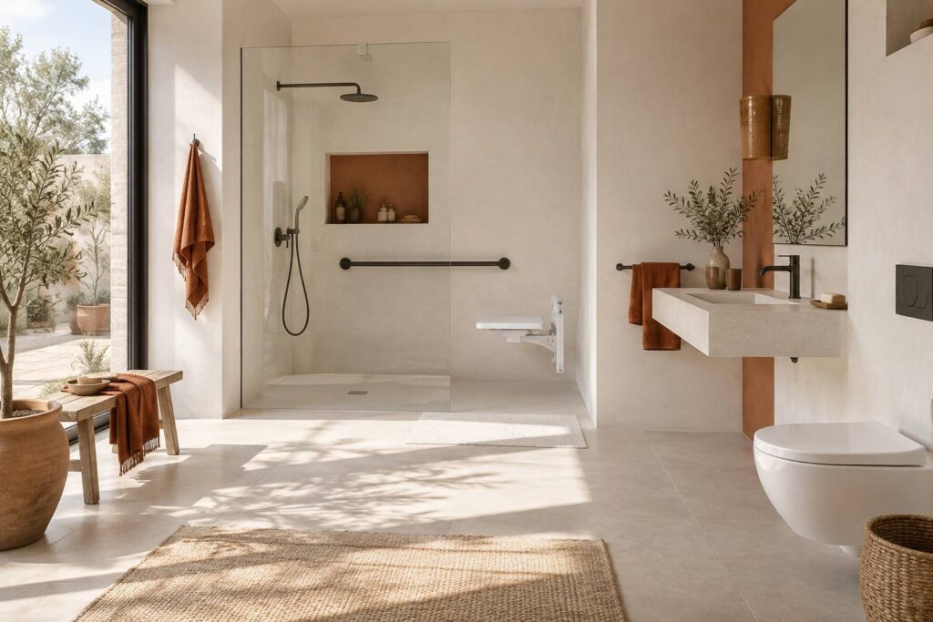 Salle de bain adaptee avec barre d'appui et siege de douche