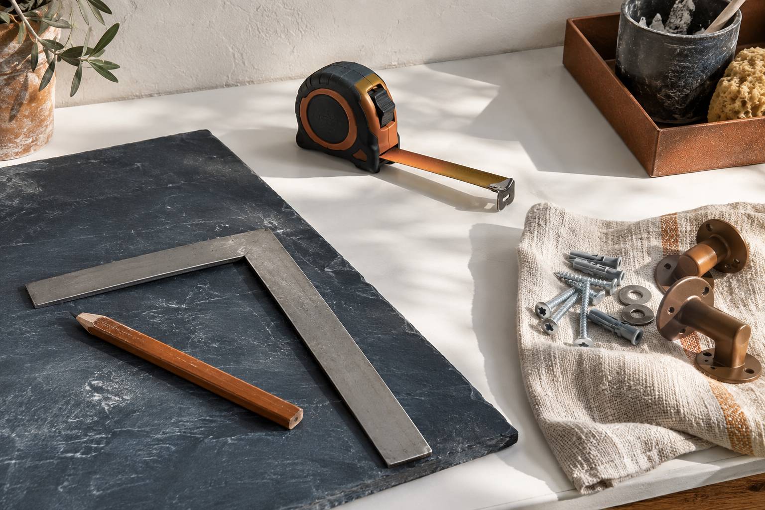 Metre ruban, equerre et fixation sur un plan de travail d'artisan