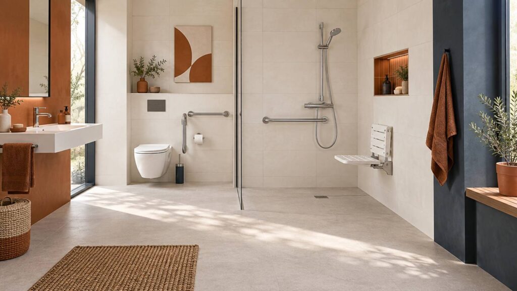 Barre d'appui et siege de douche dans une salle de bain adaptee