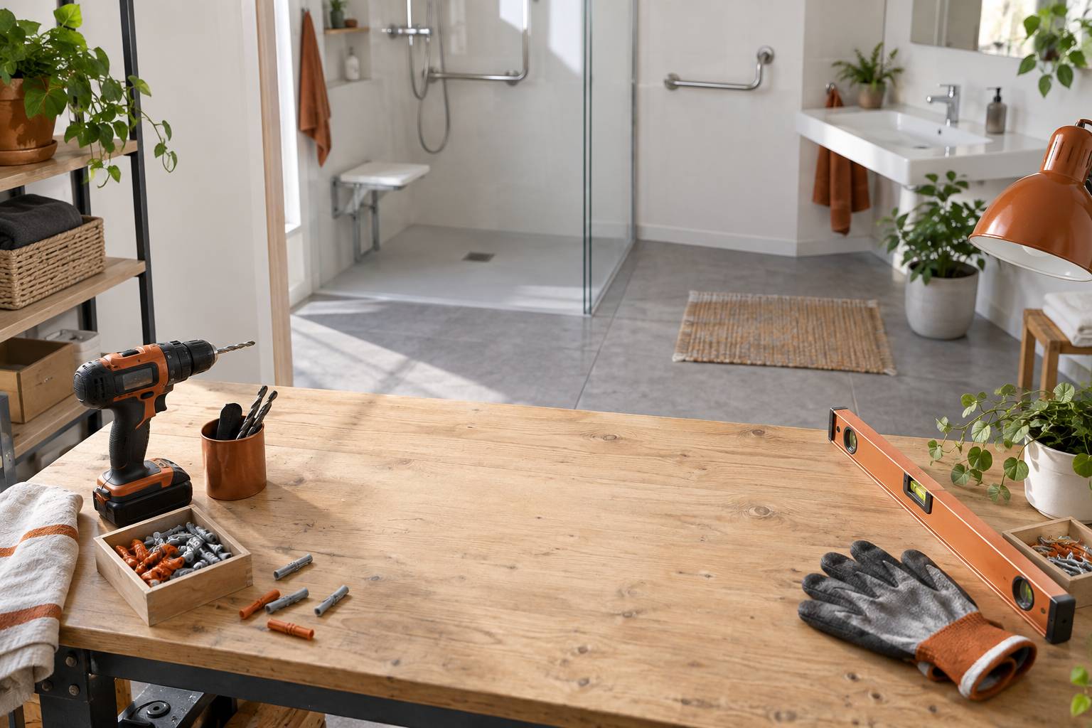 Perceuse et outillage ranges sur un etabli d'atelier