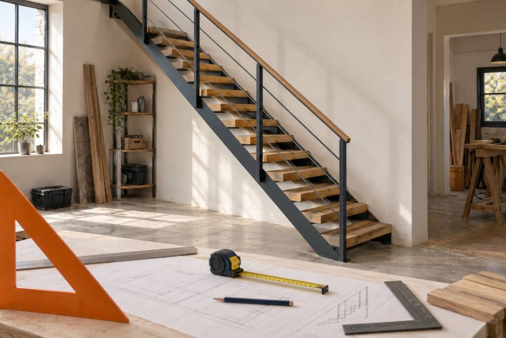 Escalier intérieur en bois et métal avec une seconde main courante continue