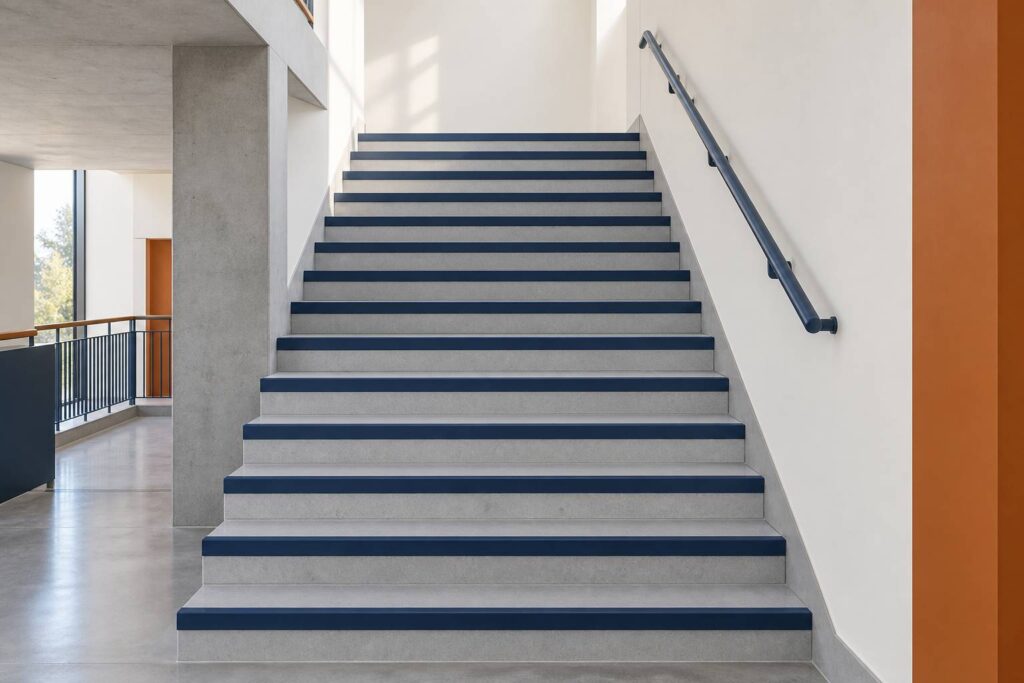Escalier intérieur aux nez de marche contrastés antidérapants sous une lumière du jour nette