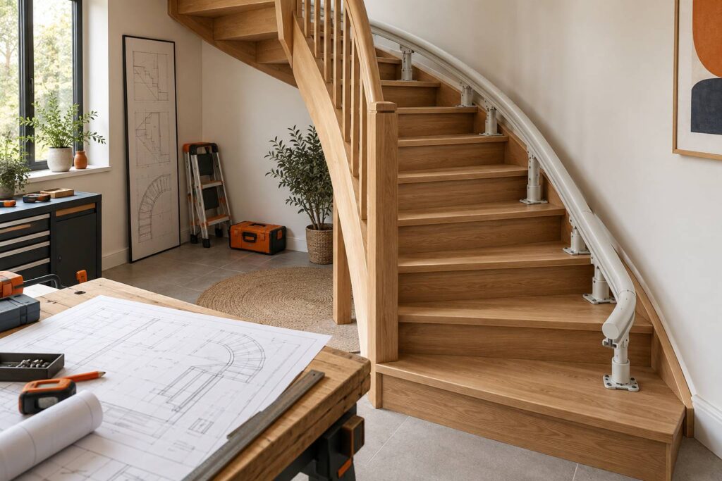 Escalier tournant avec un rail courbe de monte-escalier en installation