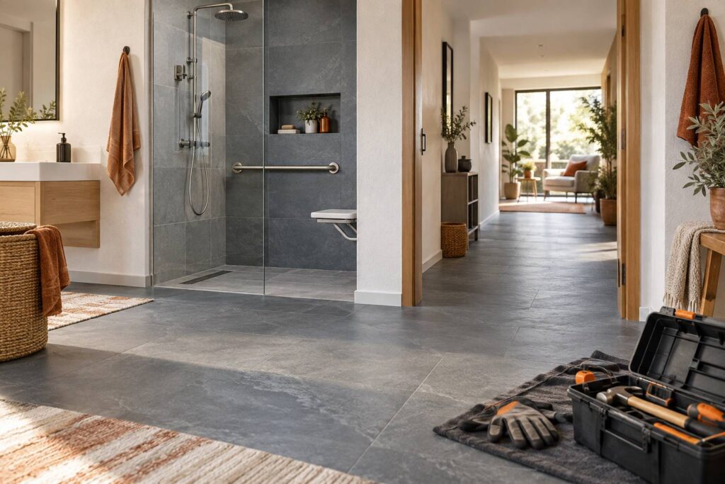 Logement lumineux adapte avec barre d'appui et douche sans marche