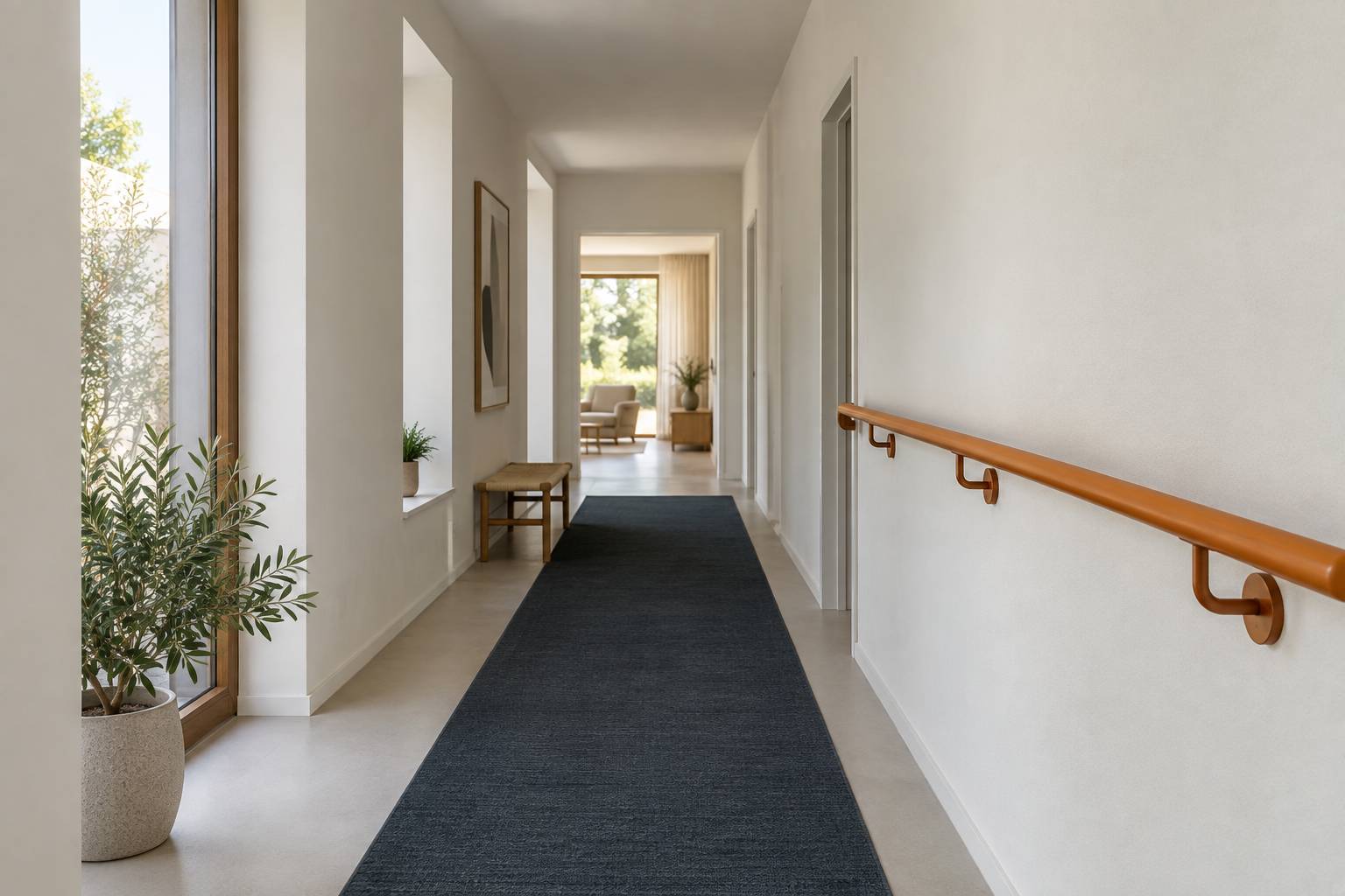 Couloir avec main courante murale et tapis antiderapant
