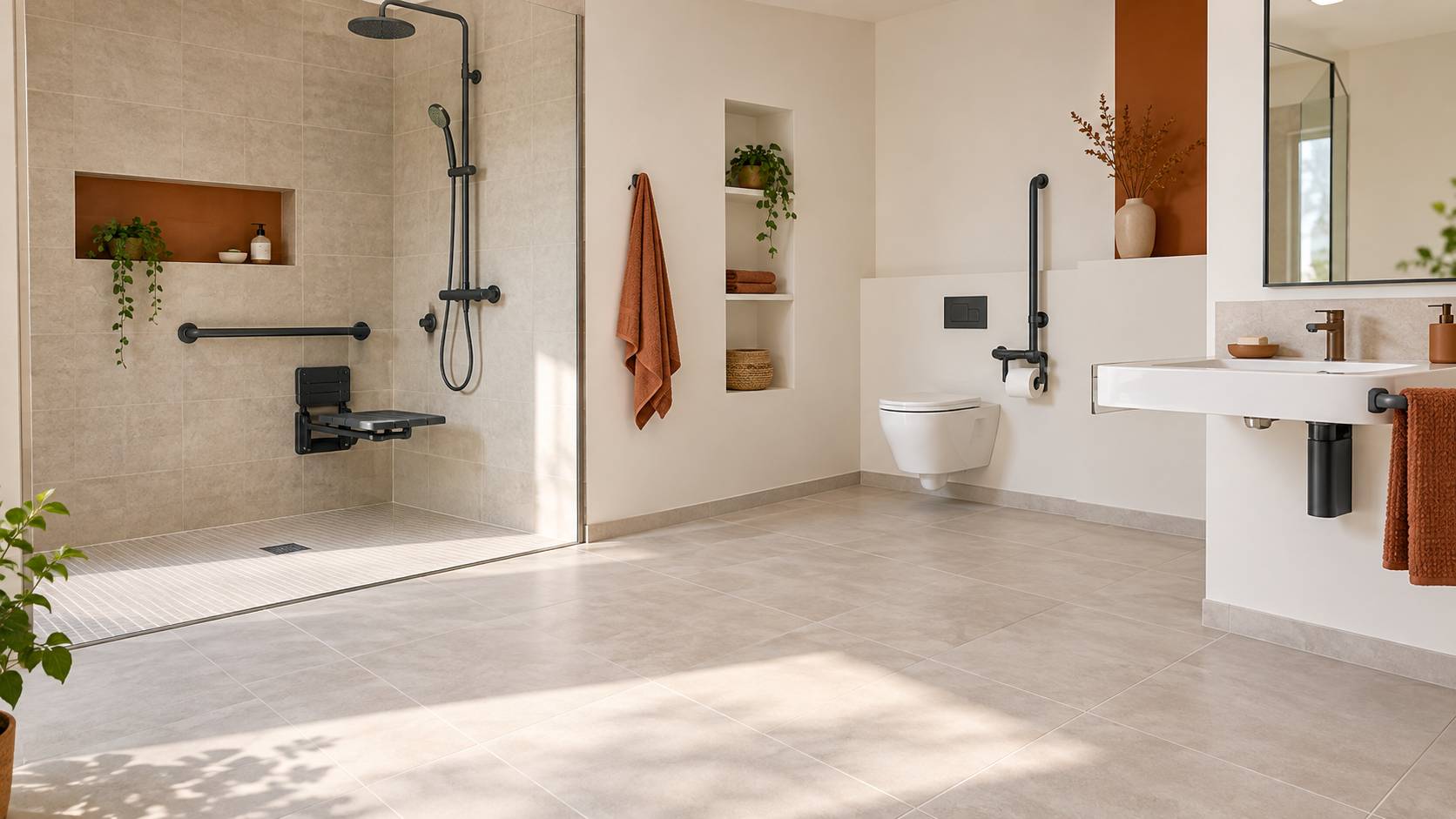 Salle de bain adaptee avec barre d'appui murale et siege de douche rabattable
