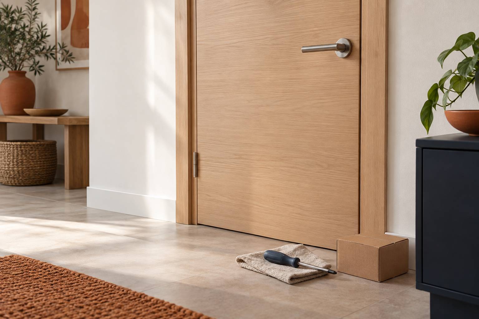 Poignée béquille montée sur une porte en bois clair