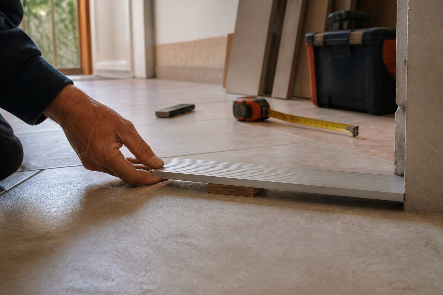 Main posant une barre de seuil en aluminium sur un sol carrelé
