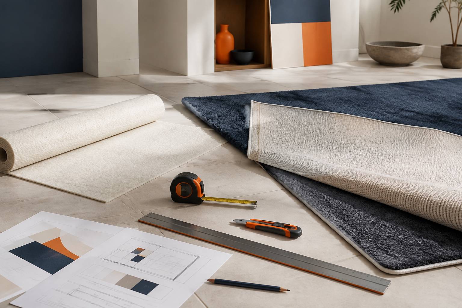 Rouleau de sous-tapis antidérapant déroulé avec tapis retourné, mètre ruban et cutter pour la découpe
