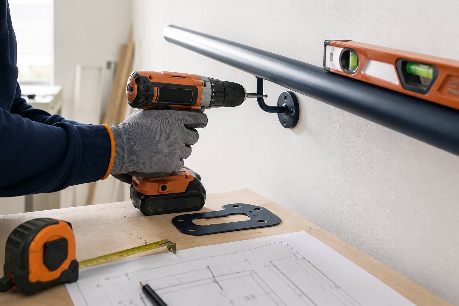 Main gantée fixant un support de main courante au mur