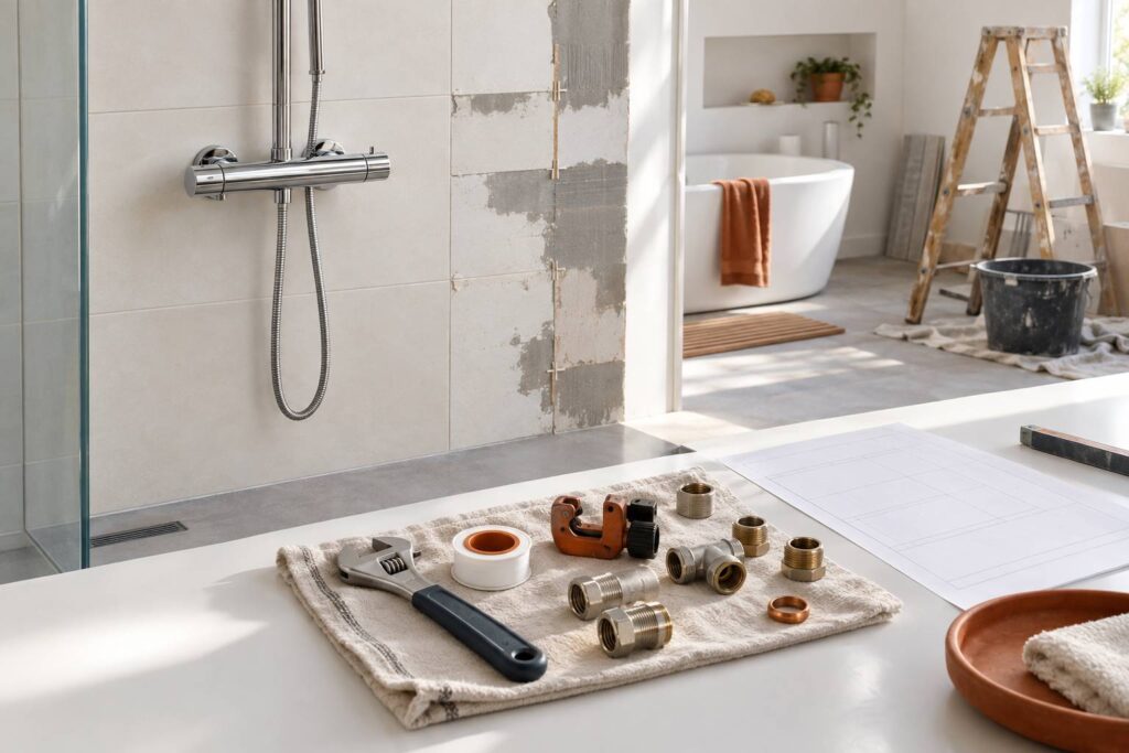 Mitigeur thermostatique chromé et outils de plomberie en salle de bain