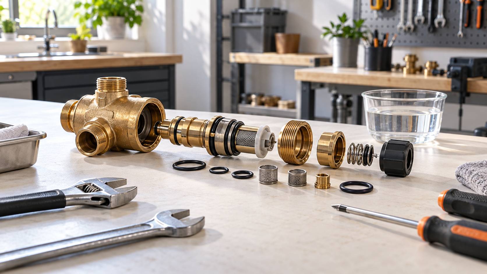 Cartouche thermostatique en laiton et joints sur un établi d'atelier