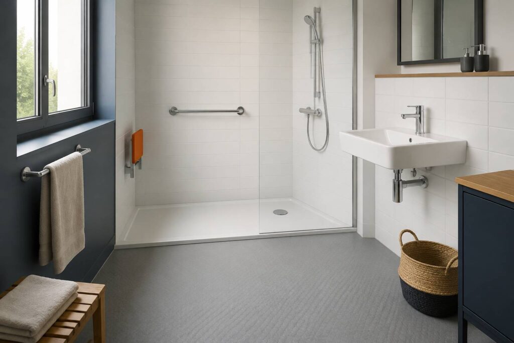 Salle d'eau au sol PVC antidérapant avec douche extra-plat et barre d'appui