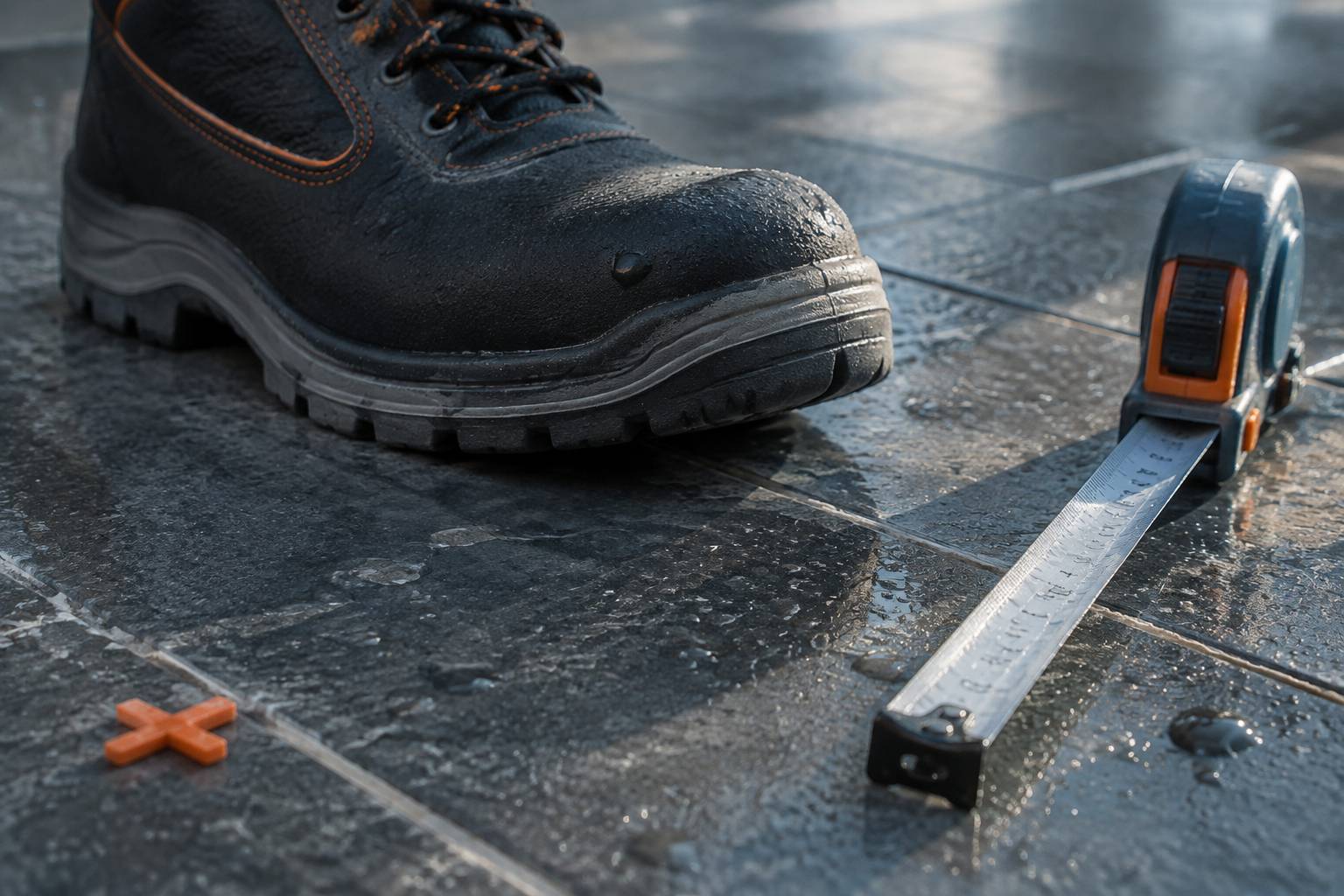 Semelle crantée sur carrelage mouillé avec un mètre ruban pour tester l'adhérence