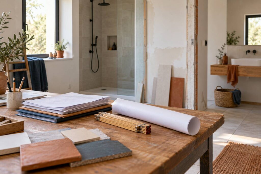 Table avec dossier de travaux et plan roulé dans un intérieur en rénovation