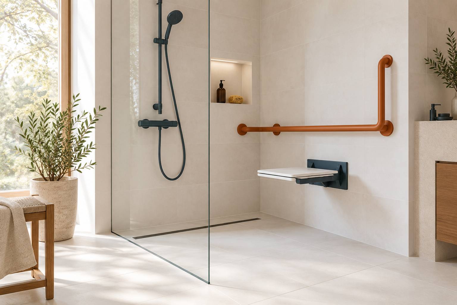 Espace de douche sécurisé avec barre d'appui et siège rabattable