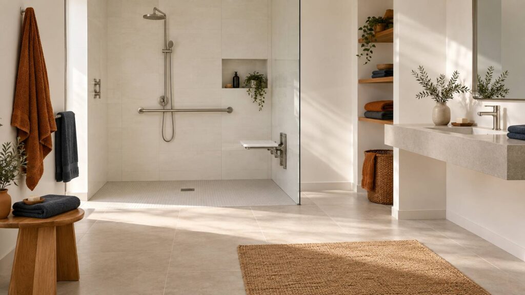 Salle de bain adaptee vide avec douche de plain-pied et barre d'appui