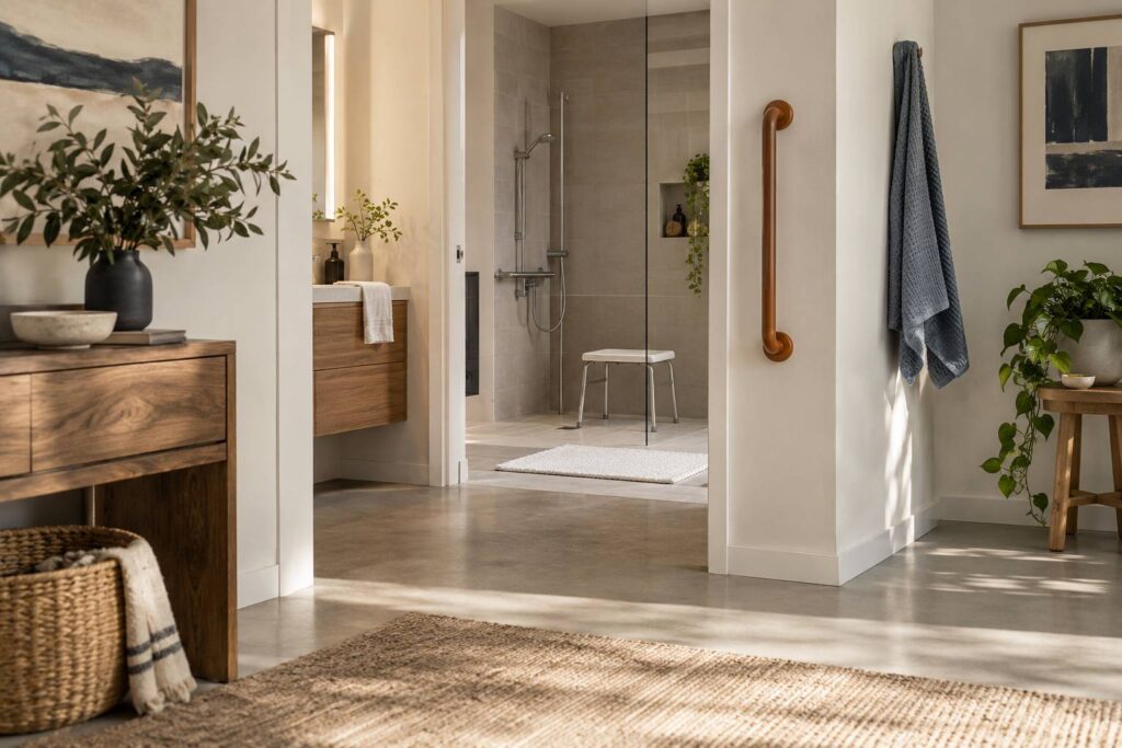 Barre d'appui installee dans une salle de bain lumineuse