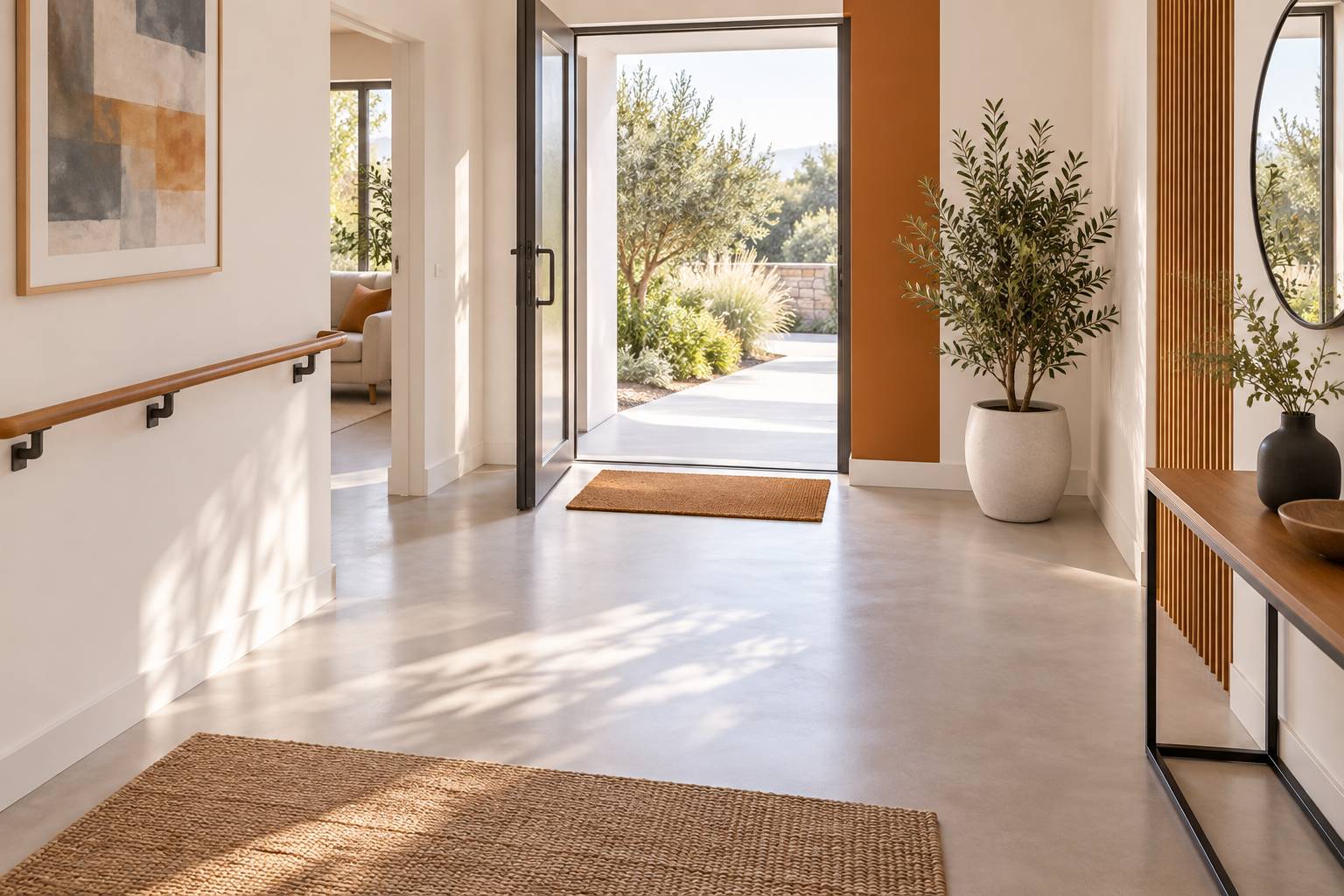 Entree de logement amenagee avec main courante et passage de plain-pied