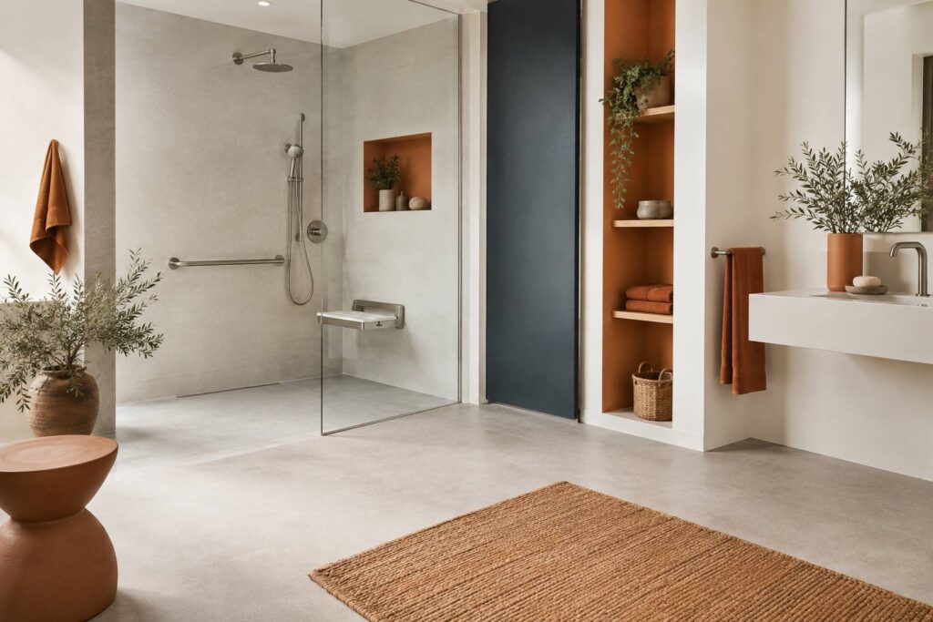 Salle de bain adaptee avec douche a l'italienne et barre d'appui murale