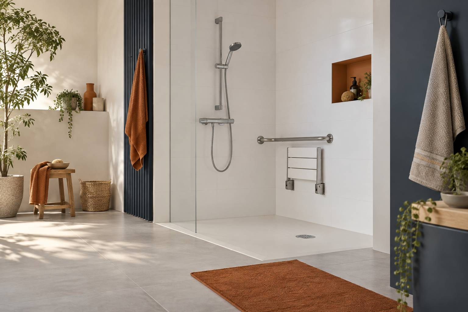 Entree de douche accessible avec barre d'appui et siege rabattable releve